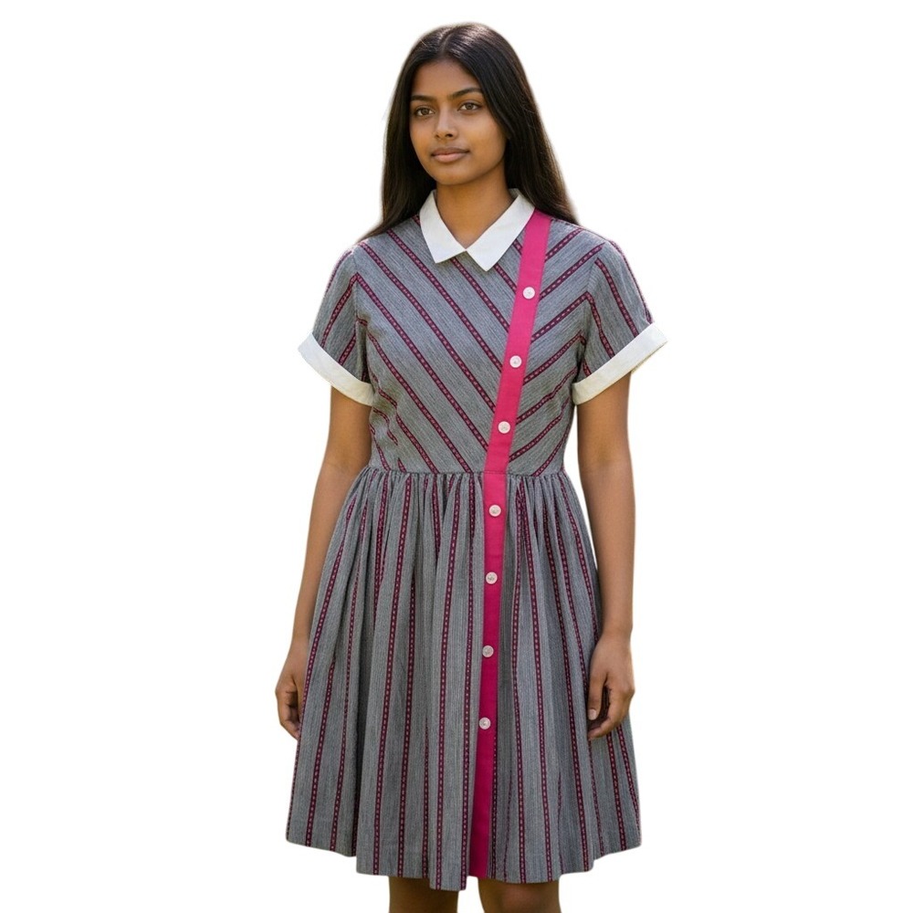 Vintage 60s Joyce Ann Gray Striped Fit & Flare Dress Girls Sz 10
